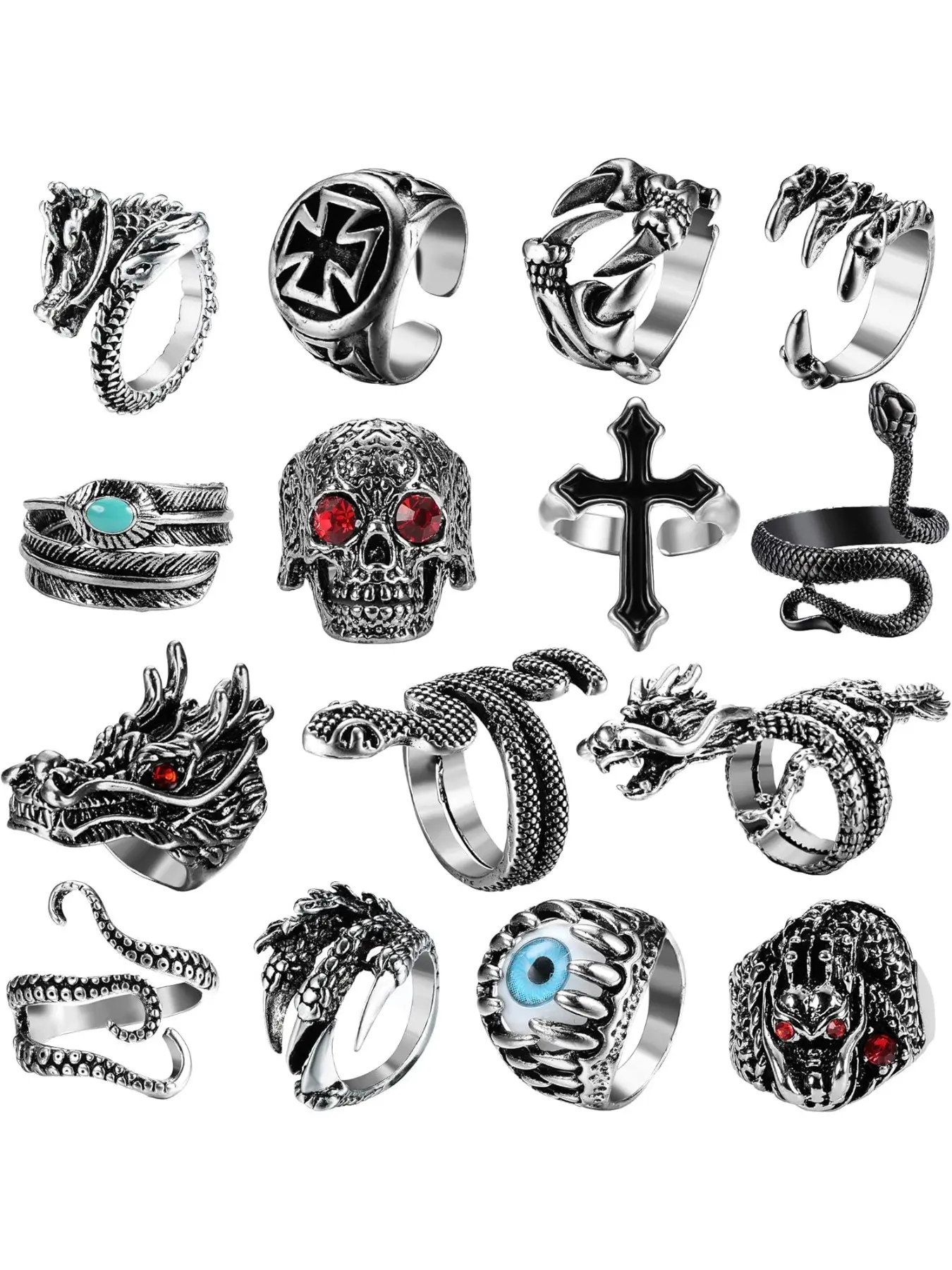 15Pcs Vintage Punk Rings for Men Women Snake Ring Dragon Open Rings Set Knuckle Stacking Ring Boho Finger Rings Punk Style Ring Vintage Rings Jewelry Fashionable Jewelry Stackable Knuckle Rings