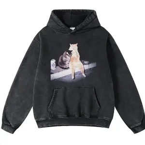 FUNNY CAT Hoodie Unisex Vintage High-Quality Crew Neck oversized loose Fit Cotton Fabric Casual Comfort Windproof Warm Funny Long Sleeve Sweatshirt Fashion for Men and Women Top Daily Wear 102002 H