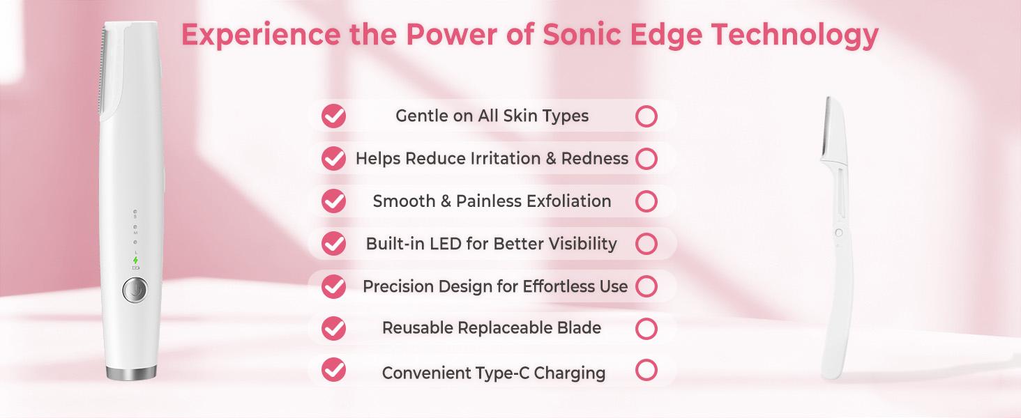 White Sonic Dermaplaning Tool for Women, 3-Speed Facial Hair Remover with LED Light, Rechargeable Face Shaver for Peach Fuzz Removal & Gentle Exfoliation, Portable Skincare Tool with Replaceable Blades