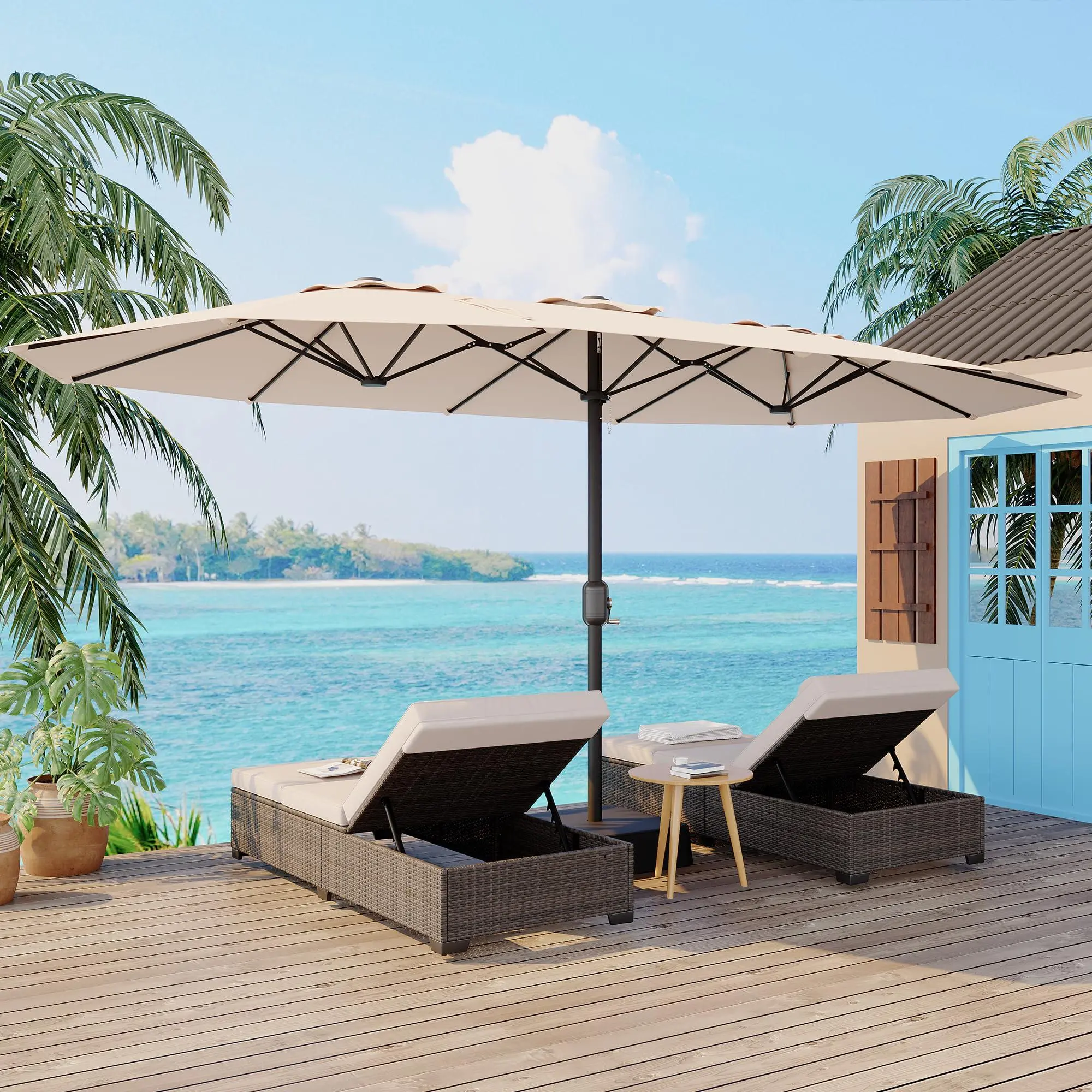 Outdoor Double-Sided Rectangle Market Umbrella, 15FT Large Patio Umbrellas With Base Included, Double-Topped Patio Umbrella for Poolside Lawn Backyard