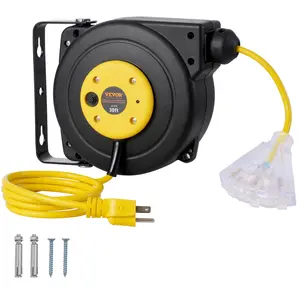 VEVOR Auto-Retractable Extension Cord Reel, 30 FT Heavy-Duty 16AWG/3C SJTOW with PP Shell, Lighted Triple Tap Outlets, 10A Circuit Breaker, 4.5FT Lead-In Cord, for Ceiling or Wall Mount