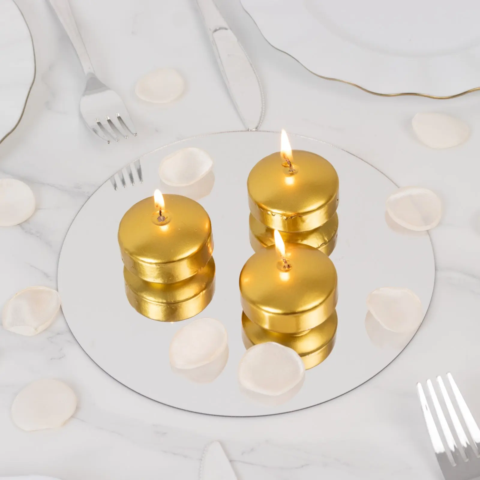 12-Pack 2-Inch Metallic Gold Floating Water Candles - Unscented, Dripless, Long-Lasting Disc Wax Candles for Wedding Centerpieces & Home Decor