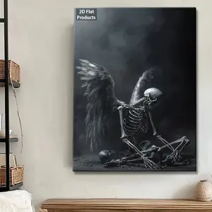 2D Flat 1pc Gothic Skeleton with Wings Wall Art - Black & White Canvas Print, Wooden Frame, 2D Flat Decorative Sign for Living Room, Bedroom, Bathroom, Kitchen, Office, Classroom - Indoor/Outdoor Use, Skeleton Wall Art, Bedroom Artwork, Artistic Skeleton