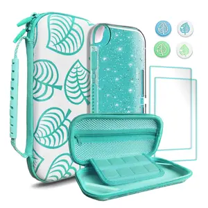 X-PCS19   Carrying Case for Switch lite, Shockproof Portable Travel Bag with Glitter Galaxy cover, Screen Protectors and Cute Leaf Thumb Grips Caps, Animal Crossing Green