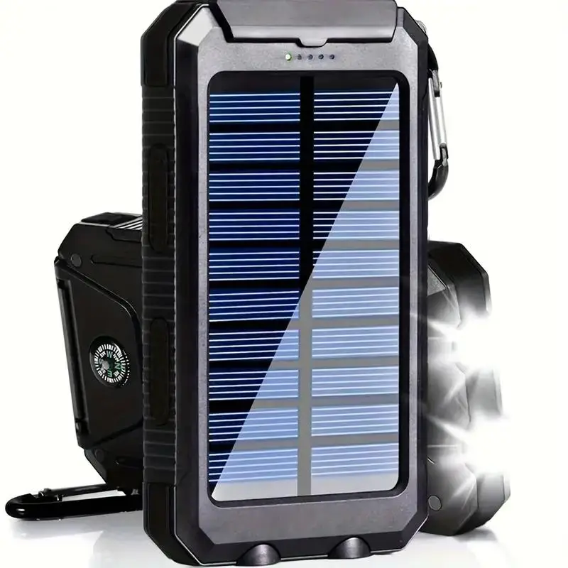10000mAh Portable Solar Power Bank, 1 Count Solar Powered Power Bank with Dual LED Flashlights & Compass, Outdoor Emergency Use Solar Battery Charger