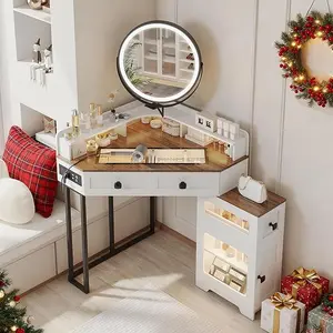 Vlsrka Corner Vanity with Mirror and Lights,Modern Makeup Vanity Set with Charging Station for Bedroom/Cloakroom,Glass Top Vanity Table with Drawers and Shelves