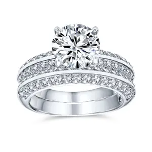 Traditional 3CT CZ Round Solitaire Pave Eternity Band Ring Set Sterling Silver