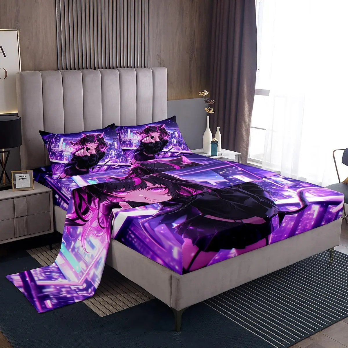 Anime Sheet Set,Japanese Anime Bed Sheets,Cartoon Fitted Sheet Top Bedroom,Kawaii Japanese Animation Bedding Set with 1 Pillow Case