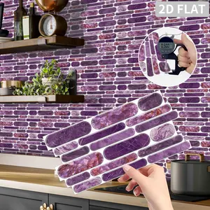 12PCS/24PCS/48PCS Special Shaped Tile Stickers PVC Crystal Film Dreamy Purple Marble Texture Long Oval Mosaic Tile Stickers Self Adhesive Waterproof Oil Proof for Kitchen Bathroom Home Decor XY-HTP