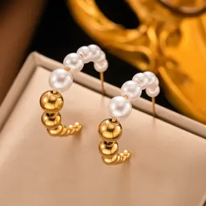 Hypoallergenic Matte PVD Coated 18K Gold Plated Geometric Pearl Earrings, Stainless Steel Huggie Earrings, Fashion Pearl Stud Earrings for Women