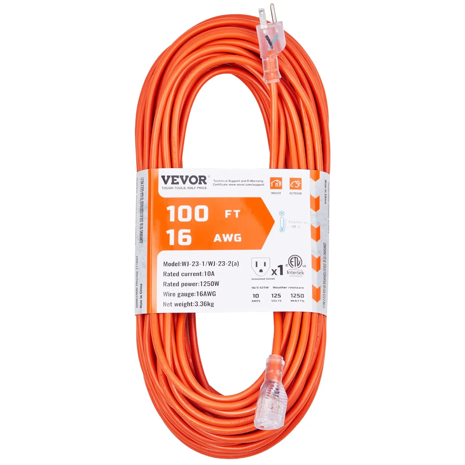 【summerfinds】VEVOR 100FT Heavy Duty 16AWG Extension Cable - 10A 1250W 3-Prong with Lighted End, ETL Listed Copper Core AWG Wires, All-Weather Outdoor Electrical Wire, Durable Wear-Resistant Father's Day Gift