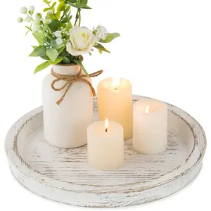 Round White Wood Decorative Candle Plate Holder Tray - Rustic Farmhouse Coffee Table Decor Tealight Pillar Trays for Home Decor