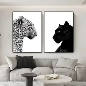 2 pieces Black, White, Leopard, Black Panther, Animal Print Design Wall Art Print Canvas Painting Wildlife Living Room Home Decor Sofa Background Mural Fade-Resistant Ink Print Painting Color Accurate Reproduction Hanging Painting Framed and Unframed