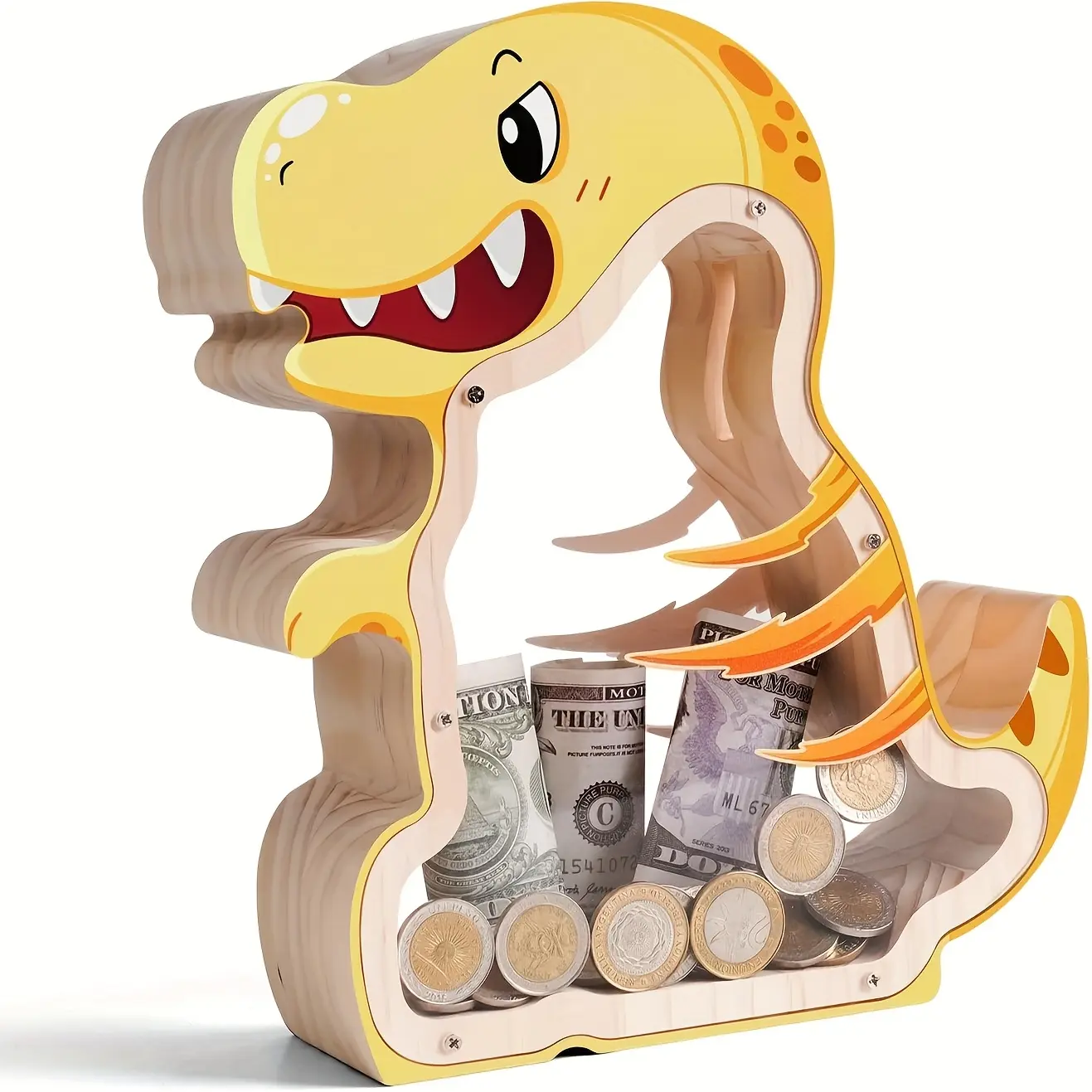 Wooden Dinosaur Piggy Bank For Boys, Clear Piggy Bank With Acrylic Window Unbreakable Creative Saving Money Jar, Home Decoration Birthday Valentines Dinosaur Gifts For Kids