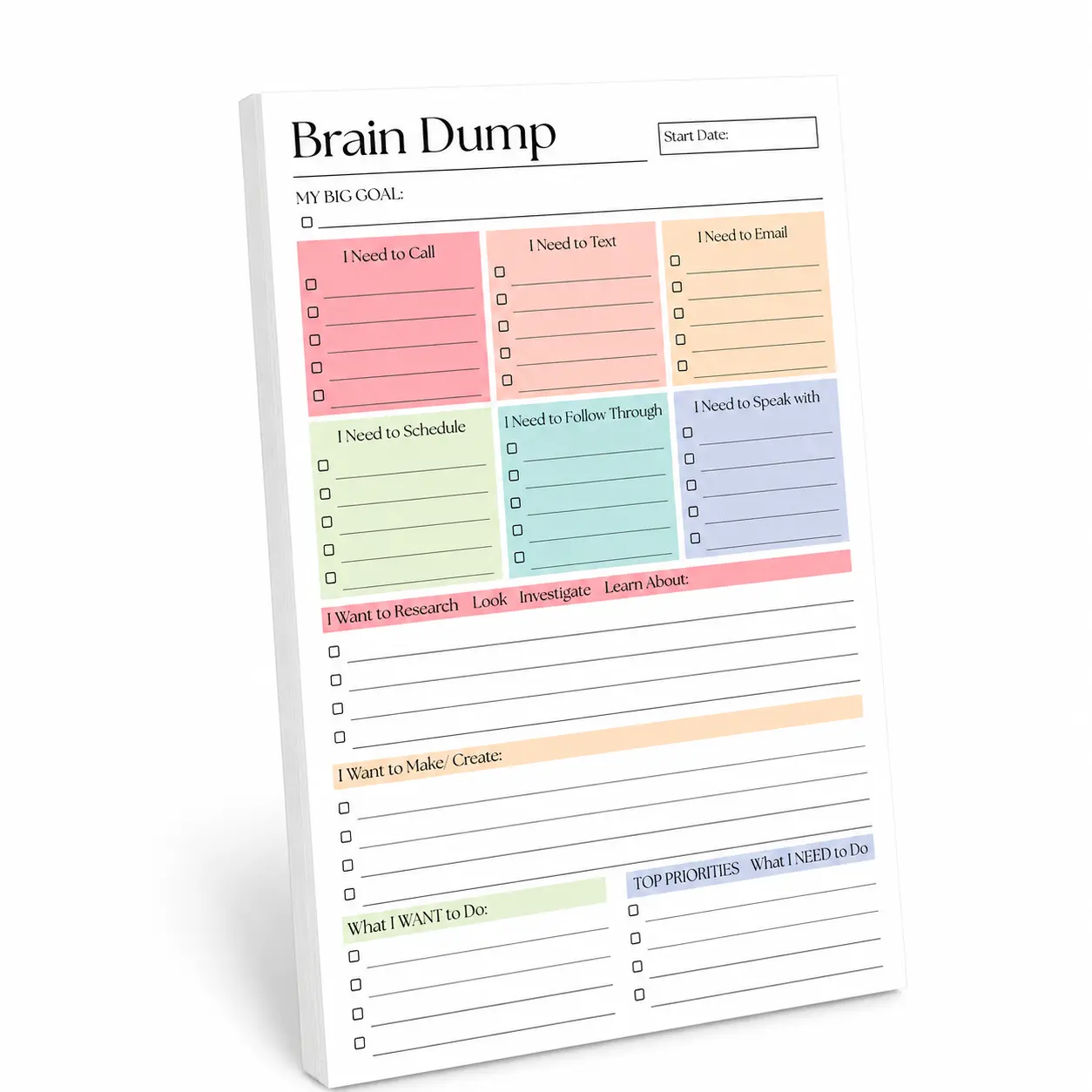 Brain Dump Notebook Planner - 50-Page Color-Coded Daily Organizer with Structured Layout for Task Planning, Calls, Texts, Emails, Scheduling, Follow-Ups, Priorities (Work & Study Use)