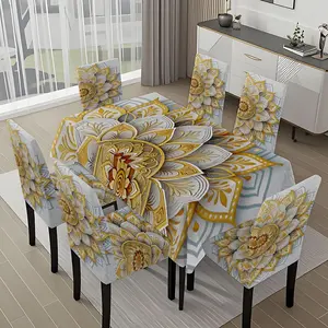 5/7-piece 2D Flat Printing Yellow and White Mandala Pattern Printing Pattern Tablecloth and Chair Cover Set, for dining table and chair decoration, perfect for home, holiday gatherings, restaurants, and parties.