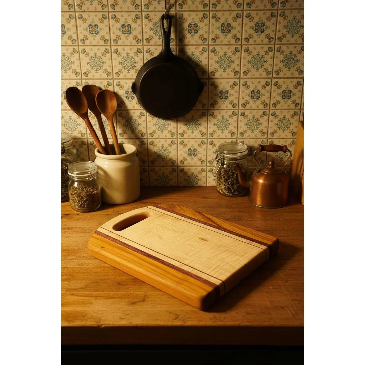 Handcrafted Quality Curly Figure Hardwood Cutting Board - 12x16 in×0.75 in Rectangular, Curly Maple-Canarywood-Purple Heart, Bold Colors, Grip Handle, Food-Safe Finish, Nontoxic, Hand-Wash Only, for Kitchen Prep