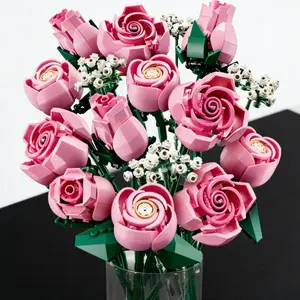 822PCS Pink Roses Flower Building Blocks Rose Bouquet Building Set Artificial Flowers, Fake Flower Bouquet, Botanical Collection Home Decor Flower Brick Set Bouquet Building Blocks Set Valentine's Day Gift, Birthday Gift for Her