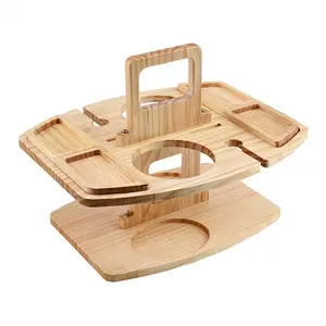 Portable Wooden Picnic Table, Foldable Outdoor Table with Removable Wine Glass Holder, Snack Tray & Carrying Handle for Patio, Garden & Camping – Wood Color