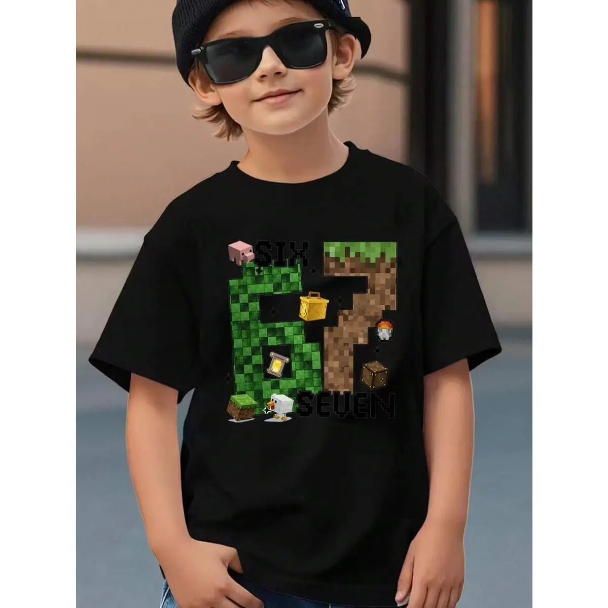 Boys' 100% Pure Cotton Athletic Drop Shoulder Crew Neck Long Sleeve Top - Breathable Fabric, Medium Stretch, Game Print, All Seasons, 7-8y, Pixelated Graphic for Thanksgiving