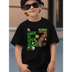 The 67 pixel game-style colorful square lantern stick torch pig pixel square of the little boy's 67 simulation gestures. 100% pure cotton pattern T-shirt for boys, suitable for Thanksgiving and Christmas, winter clothing for boys, boys' Christmas set, fun