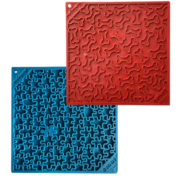 sodapup Large Blue Jigsaw & Large Red Bones eMat Lick Mat Bundle for Fast Eaters - Thermoplastic Rubber Enrichment Mats for Calming & Entertaining Dogs - Feeder