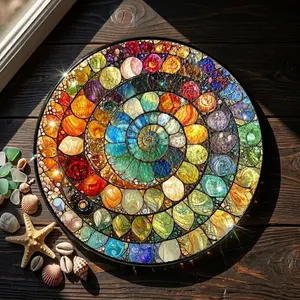 Abstract Rainbow Shell Spiral Suncatcher, Stained Glass Coastal Decor, Beach Window Hanging, Ocean Inspired Sun Catcher Gift