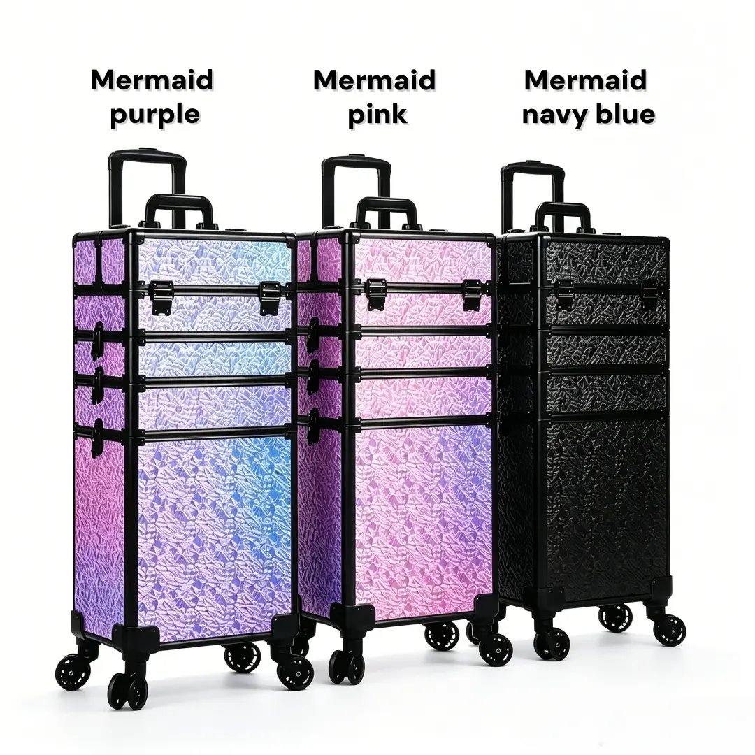KEEYOTEK Unique Iridescent Mermaid Texture Rolling Cosmetic Storage Box, Aluminum Frame Makeup Trolley with 360° Silent Dual Universal Wheels, Wear-Resistant Sturdy Large Beauty Organizer for Makeup Artist Salon Travel