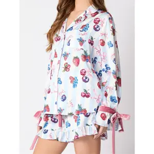 2025 New Women 2 Piece Christmas Pajamas Set Bow Tie Long Sleeve Button Shirt Ruffle Shorts Colorful Print Pjs Sets Sleepwear