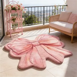 Romantic pink bow shape bedroom bedside carpet, French cream style living room decoration carpet, Home Decorative Rug, light luxury balcony coffee table plush floor mat, washable entry anti-slip floor mat