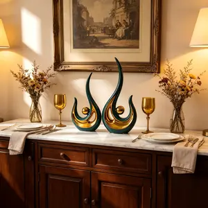 2-Piece Teal & Gold Phoenix Ceramic Statues, Glossy Reflective Luxury Electroplated Ornaments, Modern Abstract Home Decor for Living Room Shelf, Unique Housewarming Gift