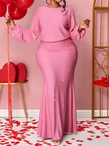 Plus Size Women's Elegant, Casual, Aesthetic And Chic Solid-Color Long-Sleeved High-Waisted Pleated Slim-Fit Dress, A Versatile Dress Suitable For All Seasons, Perfect For Parties, Valentine's Day, And Dates, Womenswear