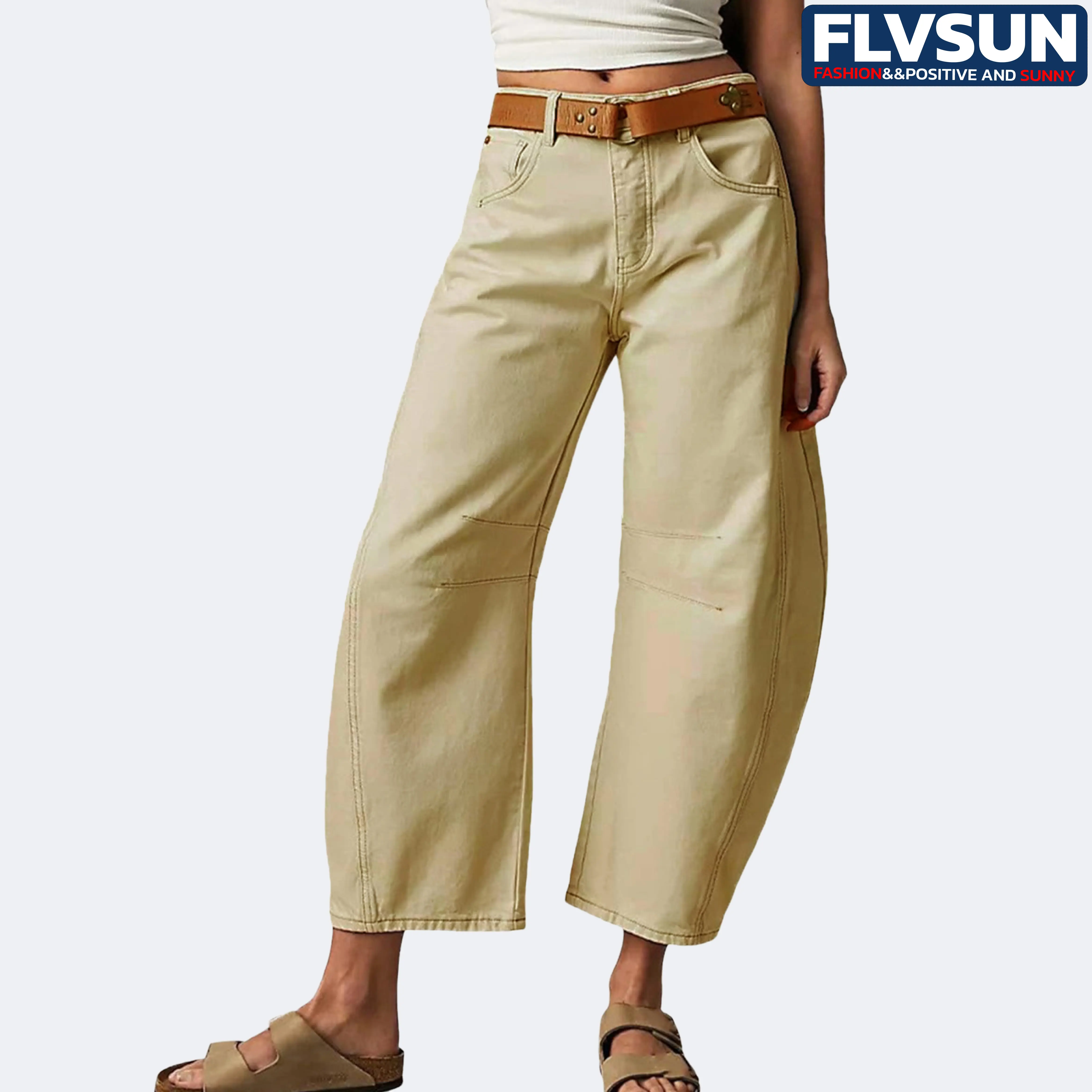 Flvsun Women's Vintage Barrel Jeans - Mid-Rise Slouchy 90s Grunge Cropped Wide-Leg Cotton Blend Pants, Zipper-Button Closure, Multiple Pockets, Tapered Hem, Apricot, Minimalist Ankle-Length, Subtle Distress (Ideal for Thanksgiving, Easter Parties)