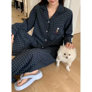pajama pants latina Large Size Spring And Autumn Cute Cartoon Pattern Pajamas Set, Casual Lapel Plaid Home Wear Women's Comfortable Two-piece Set