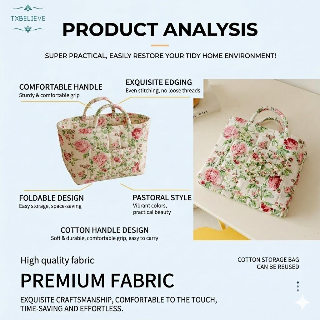 Quilted Fabric Storage Basket with Handles – Boho Foldable Floral Organizer Bin for Home, Picnic, Shopping, Travel