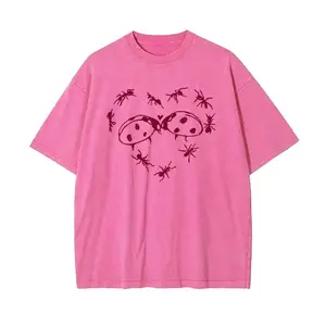Unisex Oversize 100% Washed Cotton T-Shirt – Ants, Ladybugs, Heart Prints, Super Soft, Pre-Shrunk, Streetwear Top