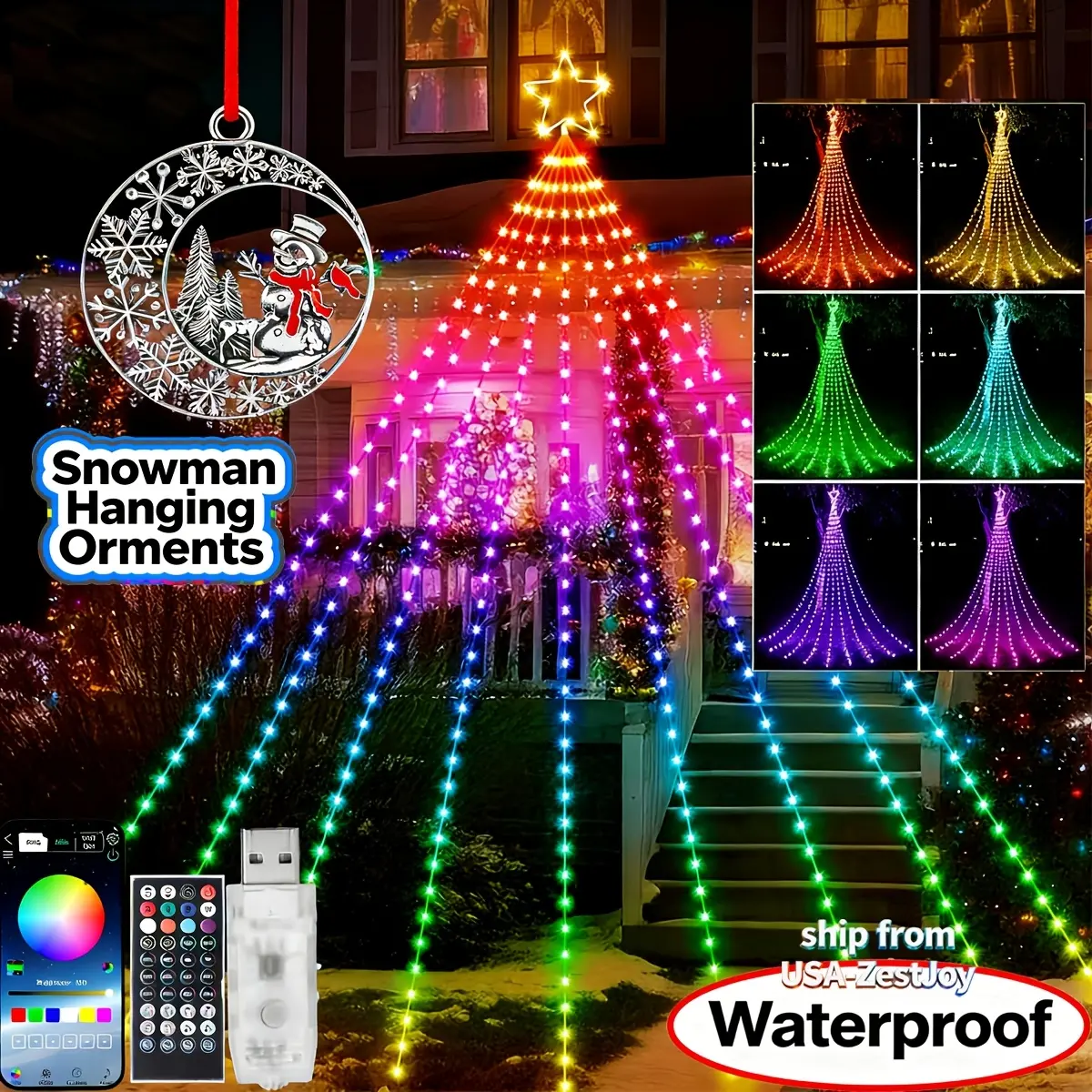 11.8FT 350LED Outdoor RGB Color Changing Waterfall Star String Lights - 9 Strands, APP Remote Control, Music Sync, Christmas Home Decoration Ornaments