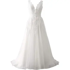 Women's Wedding Dress for Bride Lace Applique Evening Dress V Neck Straps Ball Gowns