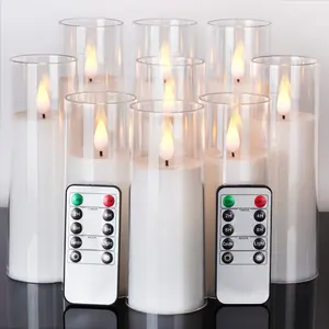 Pure White Flameless Candles, Battery Operated Candles, Acrylic Flickering LED Pillar Candles with Remote Control and Timer, 3D Wick, Yellow and Blue Glow, D2.2 xH5 6" 7", Set of 9
