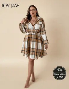 JOYPAY Plus Size Plaid Dress Vintage Checkered Loose Fit Long Sleeve Shirt Dress New Cozy Fall Winter Casual Style Brown Collared Women'swear