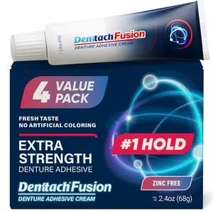 Denttach Fusion Denture Adhesive, (Pack of 4) 2.4 Ounce, Ultra Strong Hold and Seal, Dental Adhesive Cream for Dentures and Partials, Zinc Free Denture Glue