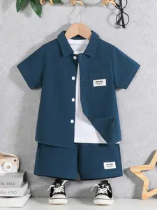 Toddler Boy's Letter Patched Button Front Shirt & Elastic Waist Shorts Set, Casual Short Sleeve Collared Top & Pocket Shorts, Kids Summer Outfits, Baby Clothing