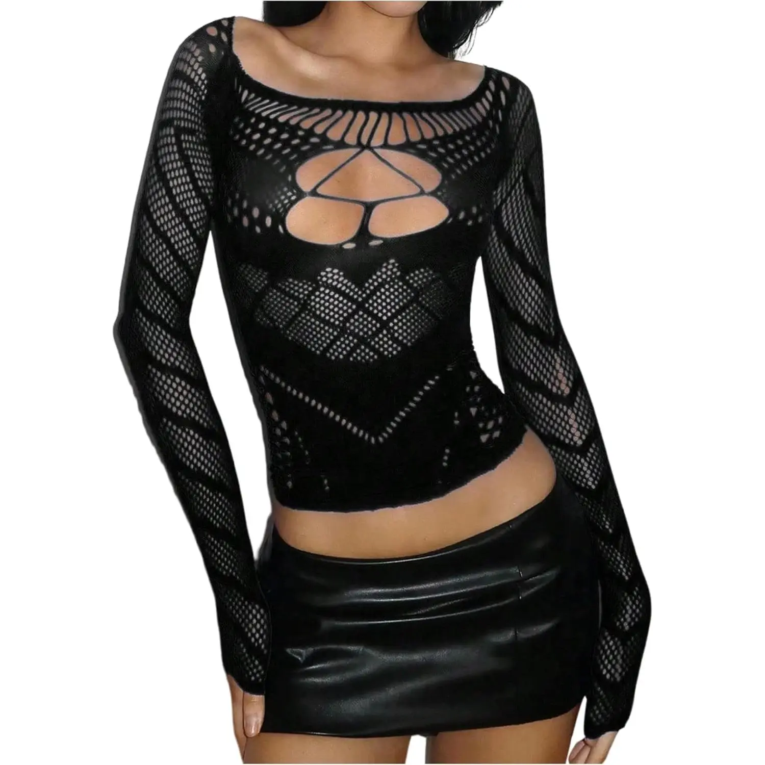 Womens Y2K Fishnet Mesh Crop Top Long Sleeve Hollow Out Going Out Shirt