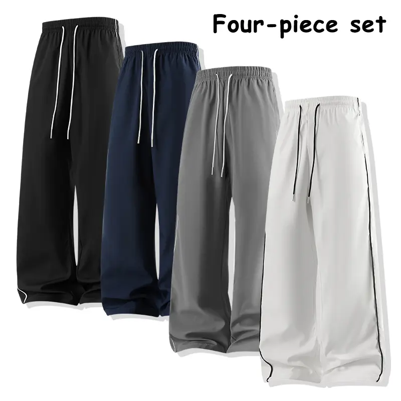 4-Pack Wide-Leg Track Pants, Elastic Drawstring Loose-Fit Athletic Joggers, Casual Side-Striped Streetwear Pants