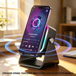 Multi-Function Wireless Speaker Ambient Light, Motion Sensor Volume Boost, Foldable Desk Phone Stand, USB PD Charging, Ideal for Home Office Dorm Kitchen, Wireless Induction Speaker
