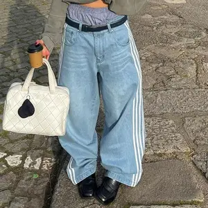 Women Y2K Cargo Pants Casual Loose Boyfriends Trousers Vintage Streetwear， Wide Leg Denim Pants Casual Cute Stripe Print Loose Jeans Trousers for Work Office Streetwear