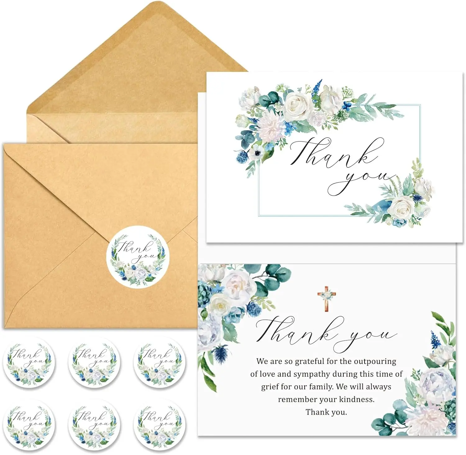 Bereavement Thank You Cards, 25-Pack 4x6 Fold-Size High-Quality Paper Cards with Watercolor Rose Cross Print & Personal Space, Includes Stickers for Family & Friends