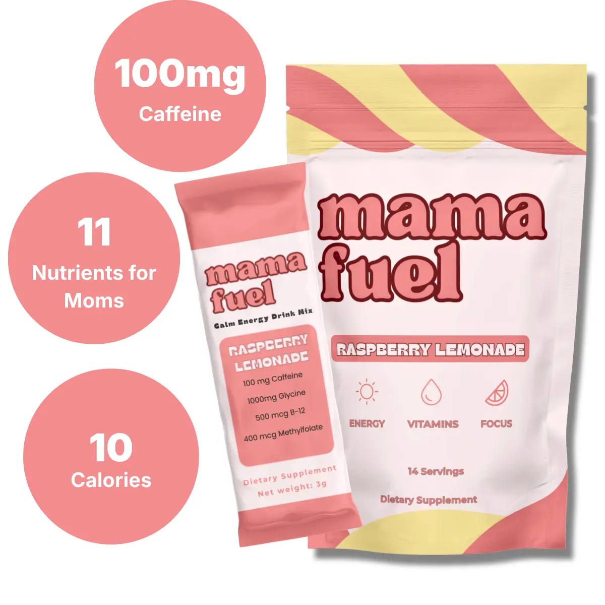 Mama Fuel - Jitter-Free Energy Drink Mix for Moms - 14 Pack - Raspberry Lemonade with B12 Iron Folate Magnesium Choline, Caffeine + Glycine, Sugar Free Vitamin Powder, Mom Energy Hydration Boost, Daily Multivitamin for Busy Moms, Nut Free