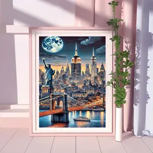 5D DIY Full Drill Round Diamond Painting - Diamond Art Painting Kit Statue of Liberty, New York Night View, Full Moon Mosaic, Canvas - DIY Home Decor, Wall Decoration, Suitable for Halloween and Christmas, Birthday and Anniversary Gifts
