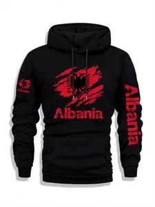 Men's Albania Print Zip Hoodie, Fall & Winter Casual Fitted Long Sleeve Sweatshirt, Fashion Daily Wear Clothing